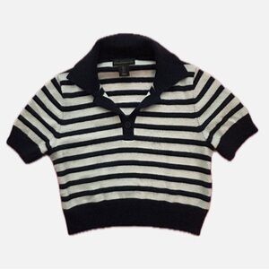 HOUSE OF HARLOW 1960 100% CASHMERE Striped Polo Shirt - Navy blue and White